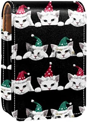 חתולים עם חג המולד כובע דפוס עור איפור שפתון מקרה עם מראה מיני איפור תיק יומי מגע-עד