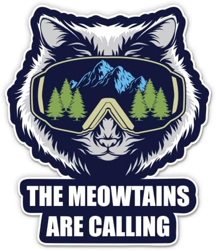 Meowtains קוראים למדבקות - 2 חבילות של מדבקות 3 אינץ ' - ויניל אטום למים לרכב, טלפון, בקבוק מים, מחשב נייד - מדבקות סנובורד של סקי חתול