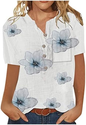 כפתור קיץ למטה חולצות לנשים, חולצת טריקו מודפסת של כותנה אופנתית מזדמנת של נשים