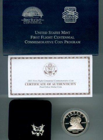 2003 טיסה ראשונה Centennial הוכחת זיכרון דולר דולר כסף w/box & coa