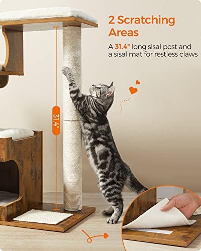 מגדל חתולים בגודל 33.9 אינץ', עץ חתול בינוני עם 3 מיטות ומערה, דירת חתולים עשויה פורניר עץ, עמוד סיסל ופרווה מלאכותית רחיצה, וינטג', חום