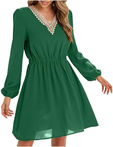 שמלת בוהו של נשים קיץ אלגנטי שרוול ארוך הסרוגה תחרה עם צוואר מיני שמלת שיפון זורם רזה שמלות חוף מזדמנים