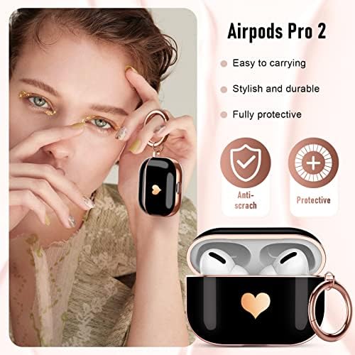 Maxjoy Airpods Pro 2 כיסוי מארז, אלקטרוליטי חמוד עם דפוס לב זהב עם שרוך אטום זעזועים עבור בנות אשת AirPods Pro 2 דור דור שחור-שחור