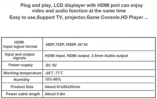 Joulin HDMI Audio Extractor Splitter HDMI ל- HDMI 3.5 ממ שמע 4K*2K@30Hz מתאם 3D עם AUX STEREO AUDIO פלט נפרד 1080P תואם לטלוויזיה, PC,