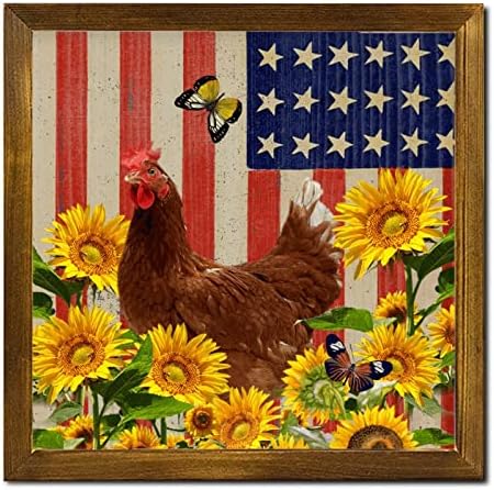 חוות תרנגול חמניות פרח ממוסגר עץ סימנים אמריקאי דגל פרפר דלת סימן קלאסי חיות משק תליית קיר סימנים דקורטיבי לבית אמבטיה מקורה מטבח גן 7