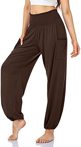 Carpetcom מכנסיים נעימים מזדמנים של נשים מזדמנים נוחות סמוסקד מכנסי טרנינג מותניים גבוהים מכנסיים הרמון יוגה עם כיסים