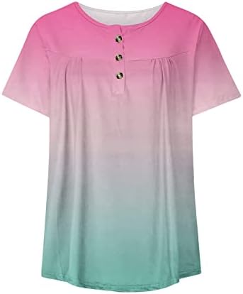 הדפסת שיפוע רטרו שרוול קצר חולצת טוניקה לנשים כפתור נגד חולצות רשת קפלים בצוואר