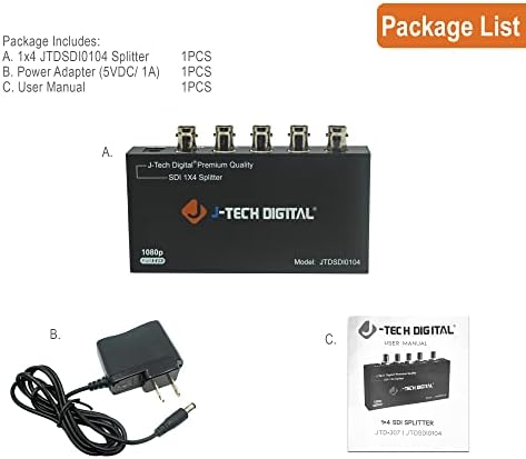 J-Tech Digital ® Premium איכות SDI Splitter 1x4 תומך ב- SD-SDI, HD-SDI, 3G-SDI עד 1320 רגל