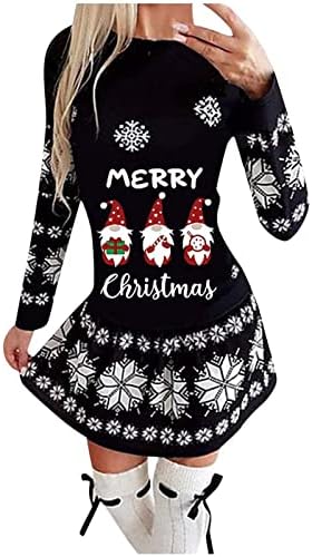 נרברג חג המולד מיני שמלות לנשים מכתב הדפסת סוודר בגד גוף שמלות חמוד חג המולד צווארון עגול ארוך סווטשירט מגשרים