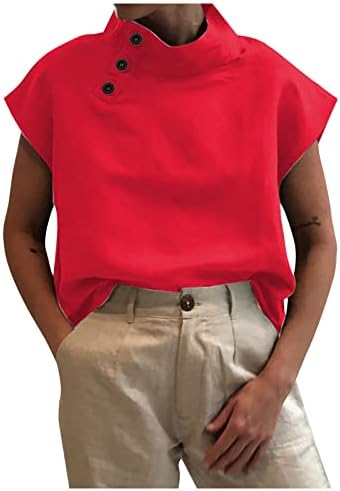 חולצת פשתן קיץ לנשים כפתור רטרו אלגנטי למטה חולצות חולצות צוואר צוואר Mock Tunic Tops צבע אחיד חולצות רופפות חולצות