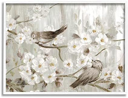 ציפורי תעשיות סטופל על ענפי עץ פריחת האביב בציור בית חווה, מעוצב על ידי נאן לבן ממוסגר קיר, 20X16, אפור