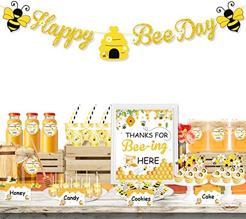 ערכת קישוטים של בר דבורים, דבורה שמחה דבורה באנר שולחן קינוח מעדיף אוהלי אוכל של סימן מדבקות כוסות תגי מתנה עם מחרוזת ליום הולדת דבש יום