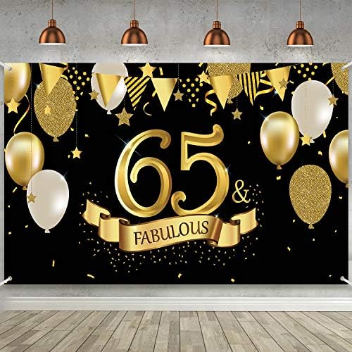 יום הולדת 65 קישוט מסיבת זהב שחור, פוסטר שלט זהב שחור גדול של בד שחור ל 65 שנה באנר תפאורה, 65 אספקת יום הולדת ליום הולדת.