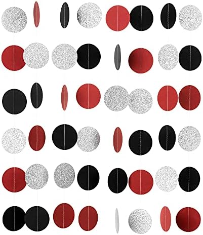 לבן אדום שחור כסף גליטר נייר זר מעגל דוט סרט מסיבת באנר רקע תליית קישוטים, 2.5 בקוטר, 20 רגליים בסך הכל