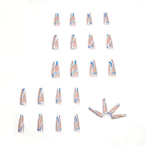 24 יחידות כחול לבן גלי צרפתית מזויף נייל מלא כיסוי ארון ארוך לחץ על ציפורניים עם דבק עבור נשים ובנות נייל אמנות מניקור קישוט