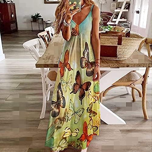 נשים מקרית מקסי שמלות קיץ ללא שרוולים עמוק צוואר פרפר מודפס קיץ החוף ארוך שמלת נדנדה שמלות קיץ זורם