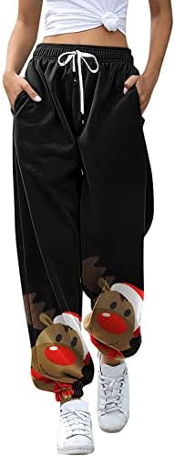 מכנסי טרנינג לחג המולד נשים עם כיסים נמתחים מותניים גבוהים בתוספת גודל ספורט מכנסי טרנינג רחבים סנטה קלאוס מכנסי חדר כושר נוחיים מכנסי