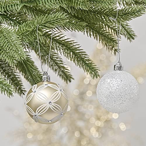 Valery Madelyn לבן זהב לבן חבילה לקישוט חג המולד 24CT קישוטים לכדור חג המולד + חצאית עץ חג המולד בגודל 48 אינץ ' + גרבי חג המולד בגודל