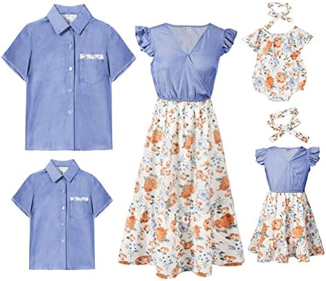 פופריאליסטי משפחה התאמת תלבושות קיץ אמא ואותי שמלות פרחוני מודפס תינוק ילד סט ילדה רומפר כחול