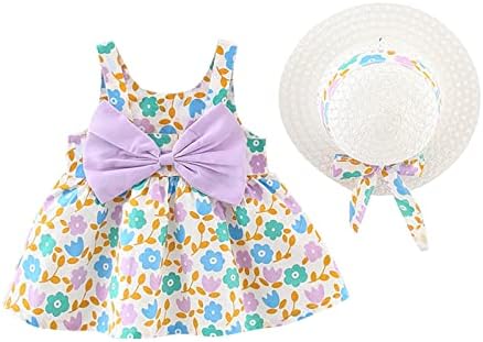 Lcziwo 1-5T תינוקת קיץ שמלת קיץ ללא שרוולים שמלות מסיבת יום הולדת ללא גב גב פרח קשת חגורה עם סט כובע קש