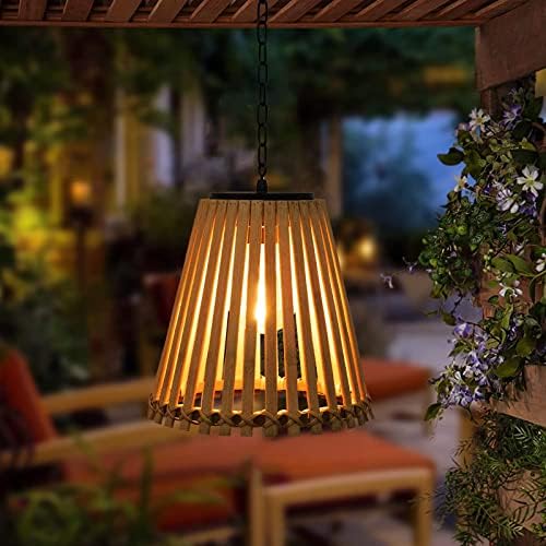 Livinlarge Bamboo Lantern חיצוני נברשת סולארית אטומה למים, אורות דקורטיביים של ראטאן לבית החווה והמרפסת, מנורת תליון תלויה במבוק בעבודת