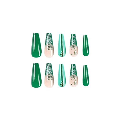 יהלומים משובץ מניקור לחץ על ציפורניים ארוך ארון מזויף ציפורניים צרפתית שווא ציפורניים אקריליק בלרינה ירוק ציפורניים טיפים עבור נשים ובנות