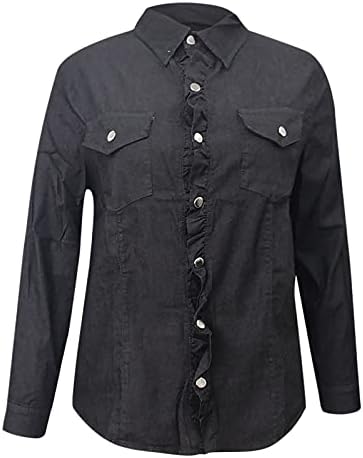 חולצות מעיל ג'ינס חולצות חולצות אופנה כפתור מוצק למטה בכיס דש מזדמן תפור שרוולים ארוכים חולצות חולצות