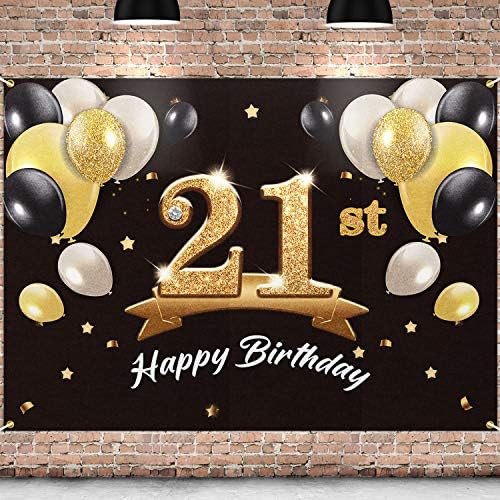 תפאורת באנר ליום הולדת 21 של פאקבו שמח - 21 קישוטים למסיבות יום הולדת אספקה ​​לגברים אותו - זהב שחור 4 x 6ft