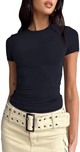 SAFRISIOR נשים יבול מוצק בסיסי חולצות טייז עגול צוואר עגול צורה שרוול קצר מתאים אימון טיול חולצת יוגה ריצה אתלטית