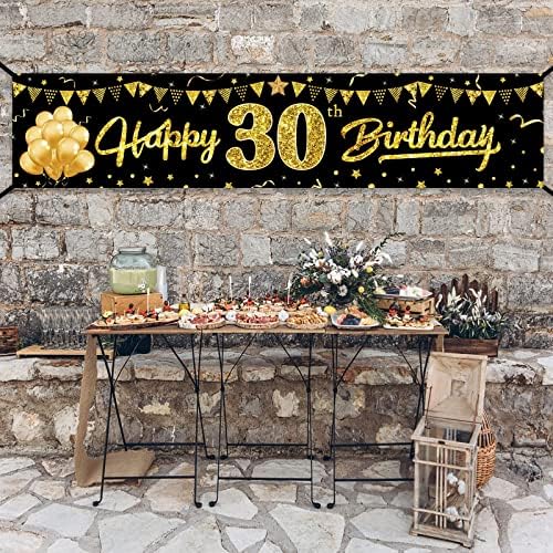 יום הולדת 30 שמח באנר קישוטים בשבילו, שלושים יום הולדת סימן ספקי צד לגברים נשים, זהב שחור 30 מסיבת יום הולדת דקור חיצוני מקורה