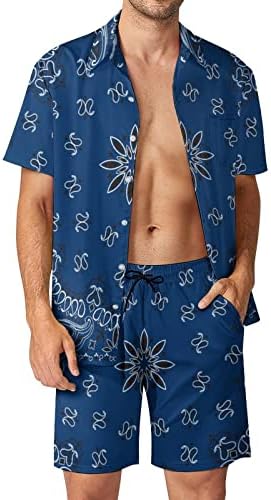Weedkeycat כחול פייזלי בנדנה תלבושות חוף לגברים 2 חלקים כפתור הוואי מטה חולצה קצרה שרוול ומכנסי תא מטען קצרים