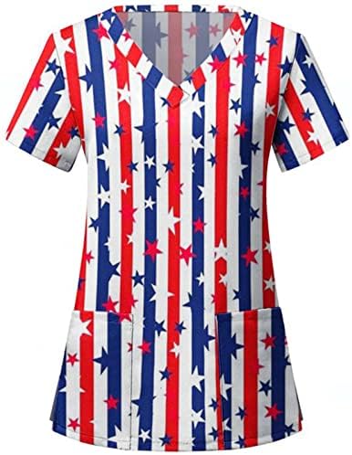 4 ביולי חולצות לנשים דגל אמריקאי קיץ חולצות שרוול קצר עם 2 כיסים חולצות בגדי עבודה מזדמנים לחג