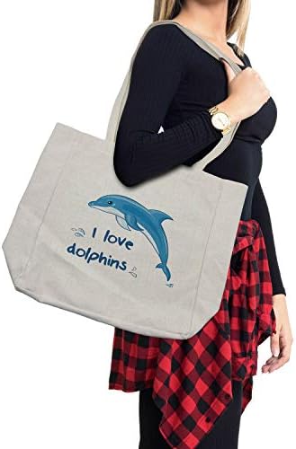 תיק קניות של אמבסון דולפין, חיה אוקיינוס ​​בסגנון קריקטורה עם אני אוהבת מילות דולפינים ומים מתזים תמונה, תיק לשימוש חוזר וידידותי לסביבה