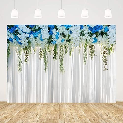 סנדלי 7x5ft פרח לבן קיר רקע וילונות למסיבות צילום רקע חתונה כלה מקלחת תינוק קישוטים למסיבת יום הולדת קישוטי פרחים לבנים כחולים דשא ירוק